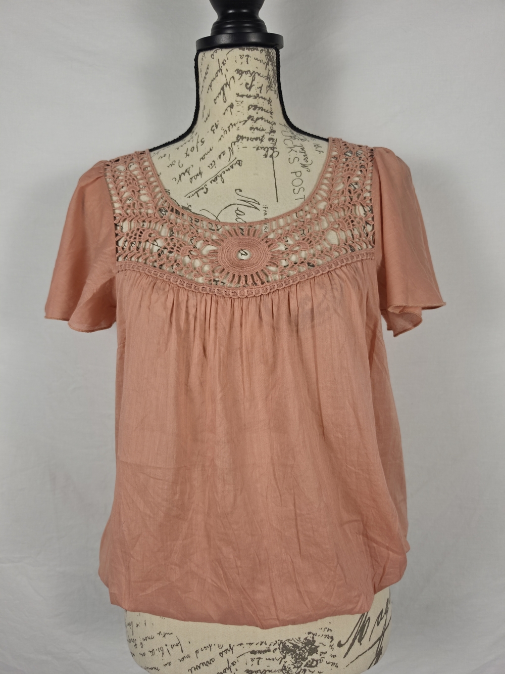 NWT Chaudry KC Boho Peach Crochet Lace Yoke Cotton Blouse - Medium